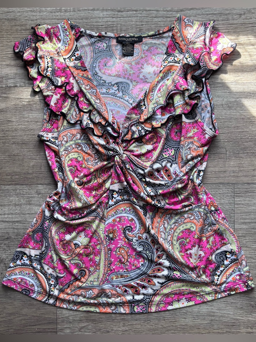 Y2K Susan Lawrence Pink Paisley Ruffle Twist-Front Camisole Cottagecore Boho